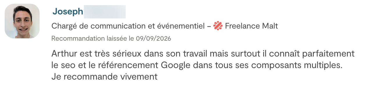 Recommandation de Joseph R., chargé de communication et événementiel, laissée sur Malt le 09/09/2026